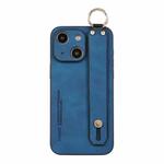 For iPhone 14 Plus Lambskin Wristband Holder Phone Case(Blue)