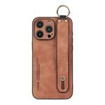 For iPhone 14 Pro Max Lambskin Wristband Holder Phone Case(Khaki)