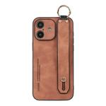 For iPhone 16 Plus Lambskin Wristband Holder Phone Case(Khaki)