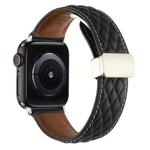 For Apple Watch SE 2023 44mm Rhombus Pattern Magnetic Folding Buckle Leather Watch Band(Black)