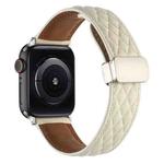 For Apple Watch SE 2023 44mm Rhombus Pattern Magnetic Folding Buckle Leather Watch Band(Creamy White)