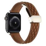 For Apple Watch SE 2023 44mm Rhombus Pattern Magnetic Folding Buckle Leather Watch Band(Dark Brown)