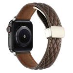 For Apple Watch Series 9 41mm Rhombus Pattern Magnetic Folding Buckle Leather Watch Band(Dark Coffee)