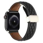 For Apple Watch Ultra 49mm Rhombus Pattern Magnetic Folding Buckle Leather Watch Band(Black)