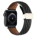 For Apple Watch Series 8 45mm Rhombus Pattern Magnetic Folding Buckle Leather Watch Band(Black)