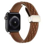 For Apple Watch Series 7 45mm Rhombus Pattern Magnetic Folding Buckle Leather Watch Band(Dark Brown)