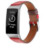 For Fitbit Charge 4 / 3 Top-grain Leather + 316L Stainless Steel Watch Band, Size:Small Code(Red)