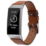 For Fitbit Charge 4 / 3 Top-grain Leather + 316L Stainless Steel Watch Band, Size:Small Code(Brown)
