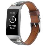 For Fitbit Charge 4 / 3 Top-grain Leather + 316L Stainless Steel Watch Band, Size:Small Code(Grey Flower)
