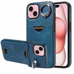 For iPhone 15 Calf Texture Card Slot Ring Holder Phone Case(Blue)