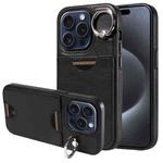 For iPhone 15 Pro Calf Texture Card Slot Ring Holder Phone Case(Black)