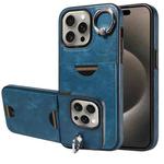 For iPhone 15 Pro Max Calf Texture Card Slot Ring Holder Phone Case(Blue)
