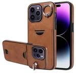 For iPhone 14 Pro Calf Texture Card Slot Ring Holder Phone Case(Brown)