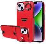 For iPhone 14 Plus Calf Texture Card Slot Ring Holder Phone Case(Red)