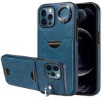 For iPhone 12 Pro Max Calf Texture Card Slot Ring Holder Phone Case(Blue)
