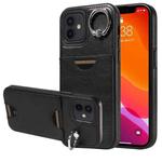 For iPhone 12 / 12 Pro Calf Texture Card Slot Ring Holder Phone Case(Black)