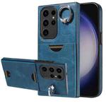 For Samsung Galaxy S23 Ultra 5G Calf Texture Card Slot Ring Holder Phone Case(Blue)