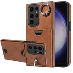 For Samsung Galaxy S23 Ultra 5G Calf Texture Card Slot Ring Holder Phone Case(Brown)