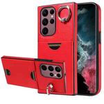 For Samsung Galaxy S22 Ultra 5G Calf Texture Card Slot Ring Holder Phone Case(Red)