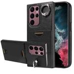 For Samsung Galaxy S22 Ultra 5G Calf Texture Card Slot Ring Holder Phone Case(Black)