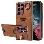 For Samsung Galaxy S22 Ultra 5G Calf Texture Card Slot Ring Holder Phone Case(Brown)