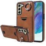 For Samsung Galaxy S21 FE 5G Calf Texture Card Slot Ring Holder Phone Case(Brown)