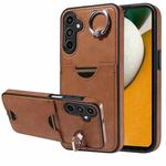 For Samsung Galaxy A15 Calf Texture Card Slot Ring Holder Phone Case(Brown)