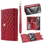 For iPhone 15 Pro Max Zipper Multi-Card Wallet Rhombic Leather Phone Case(Red)