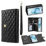 For iPhone 15 Plus Zipper Multi-Card Wallet Rhombic Leather Phone Case(Black)