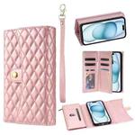 For iPhone 15 Zipper Multi-Card Wallet Rhombic Leather Phone Case(Rose Gold)