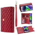 For iPhone 14 Zipper Multi-Card Wallet Rhombic Leather Phone Case(Red)