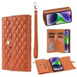 For iPhone 14 Plus Zipper Multi-Card Wallet Rhombic Leather Phone Case(Brown)