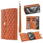 For iPhone 14 Pro Zipper Multi-Card Wallet Rhombic Leather Phone Case(Brown)