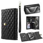 For iPhone 14 Pro Max Zipper Multi-Card Wallet Rhombic Leather Phone Case(Black)