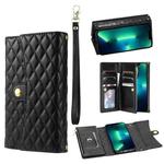 For iPhone 13 Pro Zipper Multi-Card Wallet Rhombic Leather Phone Case(Black)