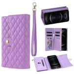 For iPhone 12 / 12 Pro Zipper Multi-Card Wallet Rhombic Leather Phone Case(Purple)
