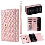 For iPhone 12 / 12 Pro Zipper Multi-Card Wallet Rhombic Leather Phone Case(Rose Gold)
