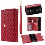 For iPhone 12 Pro Max Zipper Multi-Card Wallet Rhombic Leather Phone Case(Red)