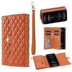 For iPhone 12 Pro Max Zipper Multi-Card Wallet Rhombic Leather Phone Case(Brown)