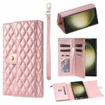 For Samsung Galaxy S23 Ultra 5G Zipper Multi-Card Wallet Rhombic Leather Phone Case(Rose Gold)