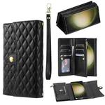 For Samsung Galaxy S22 Ultra 5G Zipper Multi-Card Wallet Rhombic Leather Phone Case(Black)