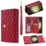 For Samsung Galaxy S22 Ultra 5G Zipper Multi-Card Wallet Rhombic Leather Phone Case(Red)