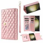 For Samsung Galaxy S21 Ultra 5G Zipper Multi-Card Wallet Rhombic Leather Phone Case(Rose Gold)