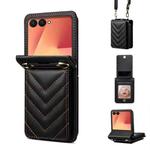 For Samsung Galaxy Z Flip7 5G Rhombic Folding Leather Phone Case with Long Lanyard(Black)