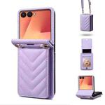 For Samsung Galaxy Z Flip7 5G Rhombic Folding Leather Phone Case with Long Lanyard(Purple)