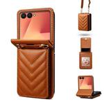For Samsung Galaxy Z Flip7 5G Rhombic Folding Leather Phone Case with Long Lanyard(Brown)