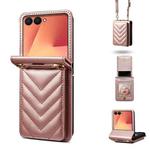For Samsung Galaxy Z Flip7 5G Rhombic Folding Leather Phone Case with Long Lanyard(Rose Gold)