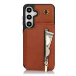 For Samsung Galaxy S24 5G YM006 Skin Feel Zipper Card Bag Phone Case with Dual Lanyard(Brown)