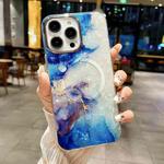 For iPhone 15 Pro Max IMD Marble Acrylic Hybrid TPU Plating MagSafe Phone Case(Blue)