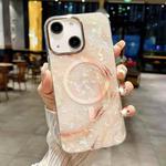 For iPhone 15 IMD Marble Acrylic Hybrid TPU Plating MagSafe Phone Case(Pink)